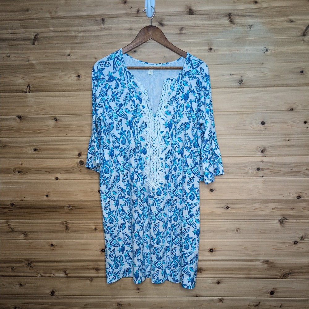 Lilly Pulitzer Blue White Seashell Starfish Shift Dress Ruffle Sleeve 6399 L
